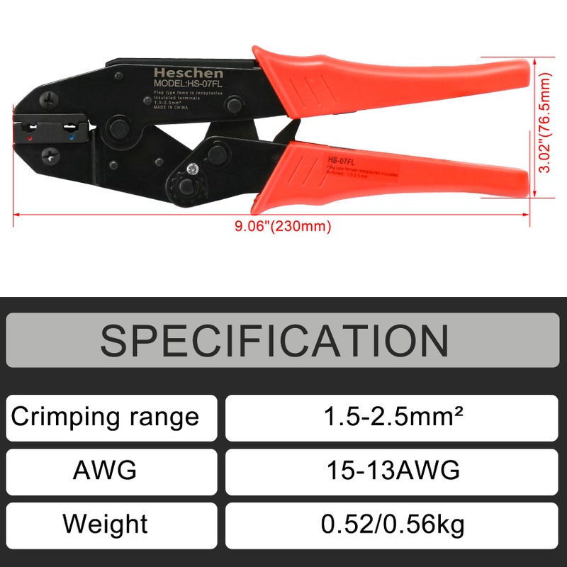 Heschen Ratchet Crimper Plier, HS-07FL, Flag Female Quick Disconnects Crimping Tools, Use for 1.5-2.5 mmÂ² (15-13 AWG), Red - Image 2